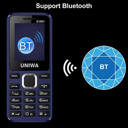 Compact Portable Phone for Music and Calls with Big Keys showing dark blue feature phone with large keys and Bluetooth icon