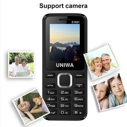 Compact Portable Phone for Music and Calls with Big Keys showing black feature phone with large keys, loudspeaker and camera for travel and backup use