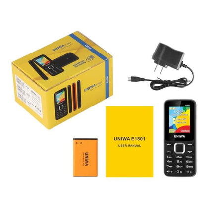 Compact Portable Phone for Music and Calls with Big Keys showing phone, battery, charger, manual and retail box