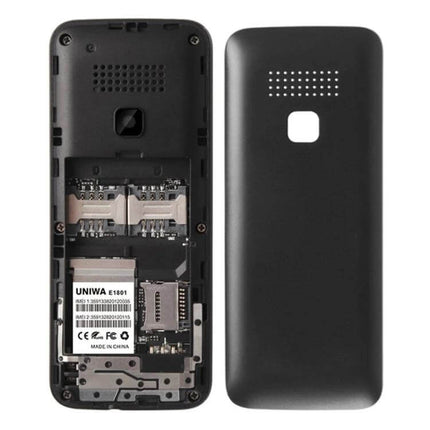 Compact Portable Phone for Music and Calls with Big Keys showing open back, dual SIM slots, battery compartment and black removable cover