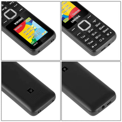 Compact Portable Phone for Music and Calls with Big Keys showing black compact handset with large keys, color screen and rear loudspeaker