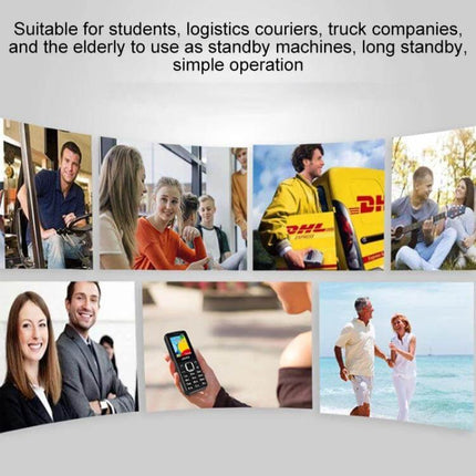 Compact Portable Phone for Music and Calls with Big Keys shown in lifestyle scenes: travel, students, couriers, beach, and hands holding phone