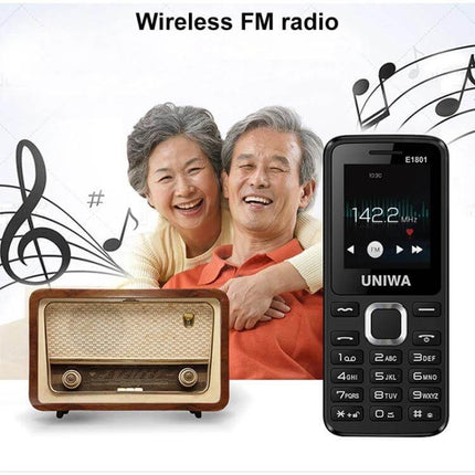 Compact Portable Phone for Music and Calls with Big Keys showing black phone with large keys, loudspeaker, FM radio display and happy older couple