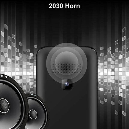 Compact Portable Phone for Music and Calls with Big Keys showing rear loudspeaker and music speakers, compact black design for travel and backup use