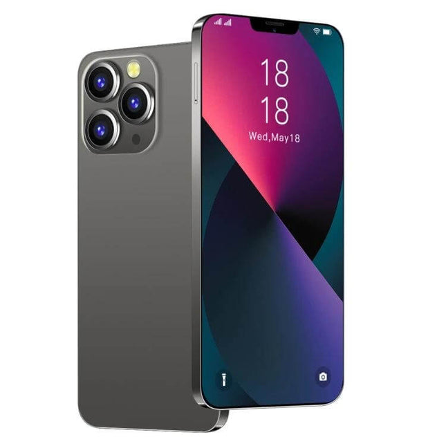 i13 Pro Max Android Smartphone with Face Recognition and Dual SIM showing front display and rear triple camera in gray