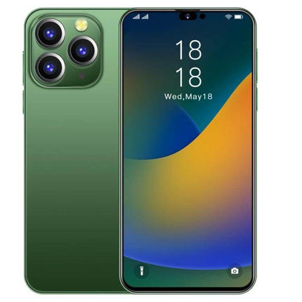 i14 Pro Max Smartphone for Everyday Use with Face Recognition showing green dual-camera back and full-screen front display