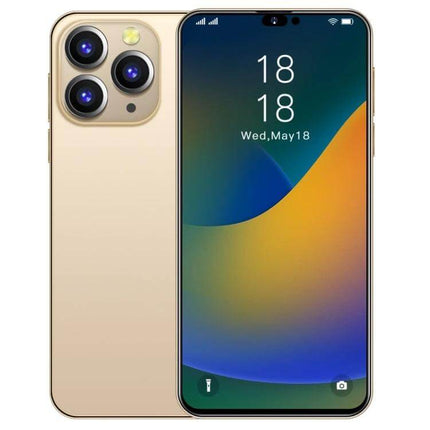 i14 Pro Max Smartphone for Everyday Use with Face Recognition in gold, front display and triple rear cameras, compact pocket-friendly design