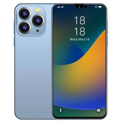 i14 Pro Max Smartphone for Everyday Use with Face Recognition sleek light blue phone front and back showing camera array and display