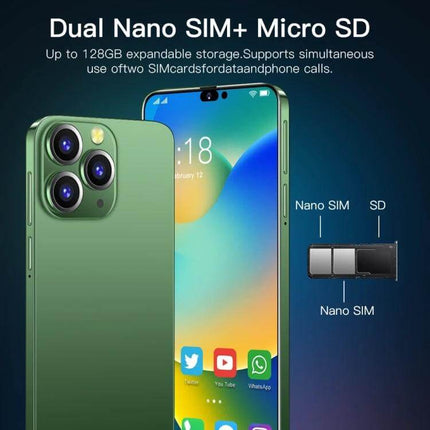 i14 Pro Max Smartphone for Everyday Use with Face Recognition showcasing dual nano SIM + micro SD and compact green design
