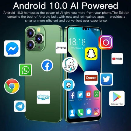 i14 Pro Max Smartphone for Everyday Use with Face Recognition showing green phone front and back with app icons and Android 10.0 banner