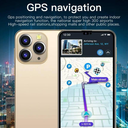 i14 Pro Max Smartphone for Everyday Use with Face Recognition showing GPS navigation map on screen
