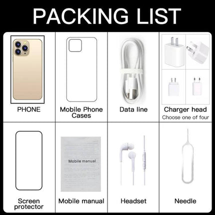 i14 Pro Max Smartphone for Everyday Use with Face Recognition showing phone, case, charger, cable, headset and manual in packing list