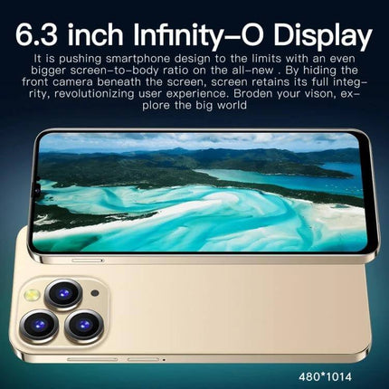 i14 Pro Max Smartphone for Everyday Use with Face Recognition showcasing 6.3-inch Infinity-O display and triple rear cameras