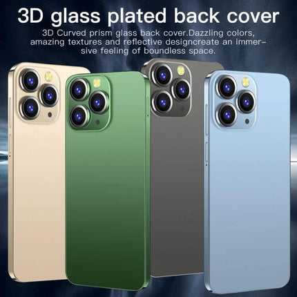 i14 Pro Max Smartphone for Everyday Use with Face Recognition showing four colored models with 3D glass plated back cover and triple rear cameras