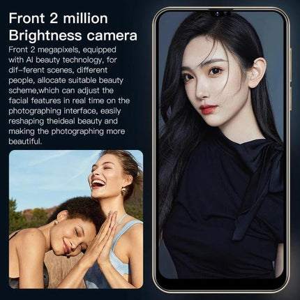 i14 Pro Max Smartphone for Everyday Use with Face Recognition showing front camera demo and sample photos highlighting 2MP brightness selfie features