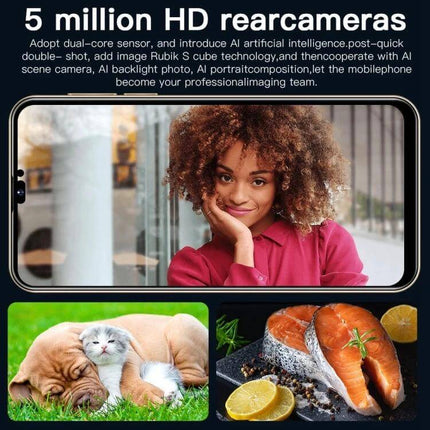 i14 Pro Max Smartphone for Everyday Use with Face Recognition showing front display portrait, pet and food camera sample images