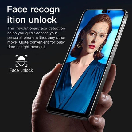 i14 Pro Max Smartphone for Everyday Use with Face Recognition held showing face unlock demonstration and compact design