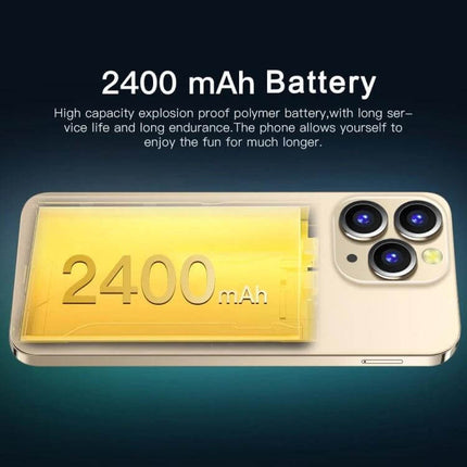 Alt Tag: i14 Pro Max Smartphone for Everyday Use with Face Recognition showing 2400mAh battery and triple-camera layout