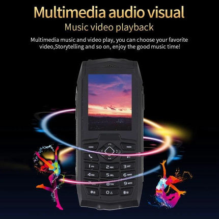 Durable Waterproof Shockproof Phone for Outdoor Protection showing 2.4-inch screen, large speakers and multimedia playback with colorful music visuals