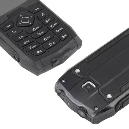 Durable Waterproof Shockproof Phone for Outdoor Protection showing rugged keypad, camera, 2.4-inch screen and reinforced casing for hiking and remote adventures