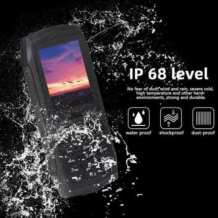 Durable Waterproof Shockproof Phone for Outdoor Protection shown with water splashes, IP68 rating, rugged keypad and 2.4-inch screen