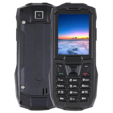 Shockproof Waterproof Rugged Phone for Outdoor Activities and Daily Use showing front keypad and back casing, 2.4-inch screen, SOS and radio features