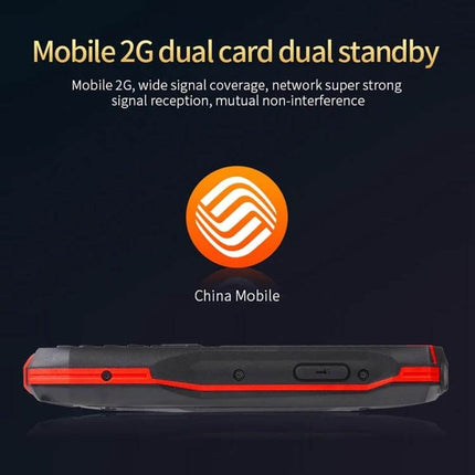 Shockproof Waterproof Rugged Phone for Outdoor Activities and Daily Use showing side profile, 2G dual card dual standby and China Mobile logo
