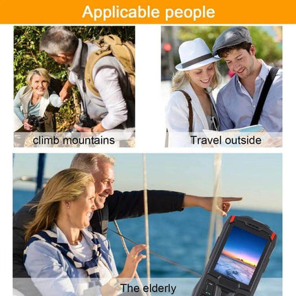 Shockproof Waterproof Rugged Phone for Outdoor Activities and Daily Use showing hikers, travelers and elderly using phone with SOS and radio features
