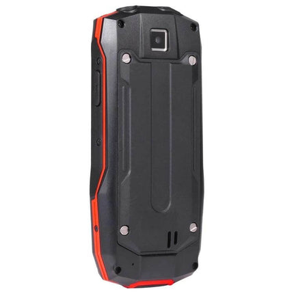 Shockproof Waterproof Rugged Phone for Outdoor Activities and Daily Use black and red rugged handset shown from back with camera, SOS and radio-ready design