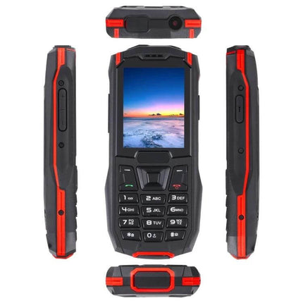 Shockproof Waterproof Rugged Phone for Outdoor Activities and Daily Use - black red rugged feature phone with SOS and radio, 2.4-inch screen, portable protection
