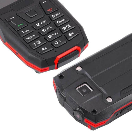 Shockproof Waterproof Rugged Phone for Outdoor Activities and Daily Use showing black red rugged keypad and rear camera for outdoor use