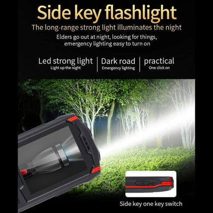 Shockproof Waterproof Rugged Phone for Outdoor Activities and Daily Use with side key flashlight illuminating forest trail and SOS radio features