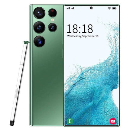 S23Ultra Smartphone with Vibrant Display for Everyday Viewing and Selfies - green phone with quad cameras, stylus, edge-to-edge screen showing time and wallpaper