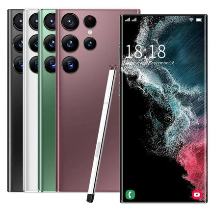 S23Ultra Smartphone with Vibrant Display for Everyday Viewing and Selfies front and rear view showing multiple colors, stylus, and quad cameras