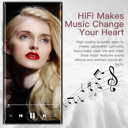 S23Ultra Smartphone with Vibrant Display for Everyday Viewing and Selfies showing a model on-screen with music playback UI and HiFi audio text