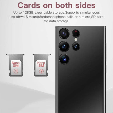 S23Ultra Smartphone with Vibrant Display for Everyday Viewing and Selfies showing dual SIM trays and rear quad cameras