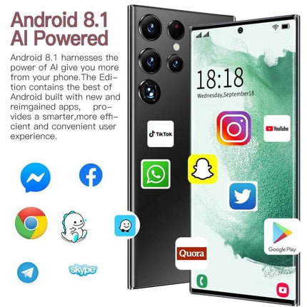 S23Ultra Smartphone with Vibrant Display for Everyday Viewing and Selfies showing front and rear, apps and camera icons