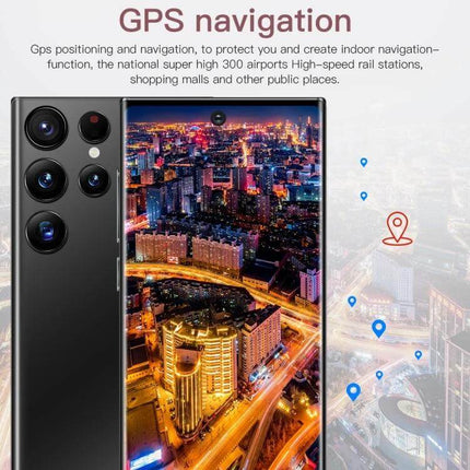 S23Ultra Smartphone with Vibrant Display for Everyday Viewing and Selfies showing city nightscape on screen and rear quad cameras highlighting GPS navigation