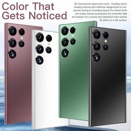 S23Ultra Smartphone with Vibrant Display for Everyday Viewing and Selfies - four color variants shown front and rear with quad camera array