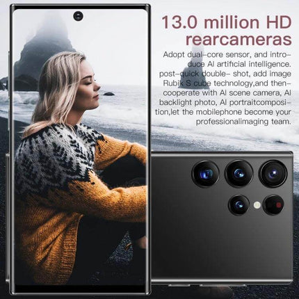 S23Ultra Smartphone with Vibrant Display for Everyday Viewing and Selfies showing front screen portrait and rear multi-lens camera close-up