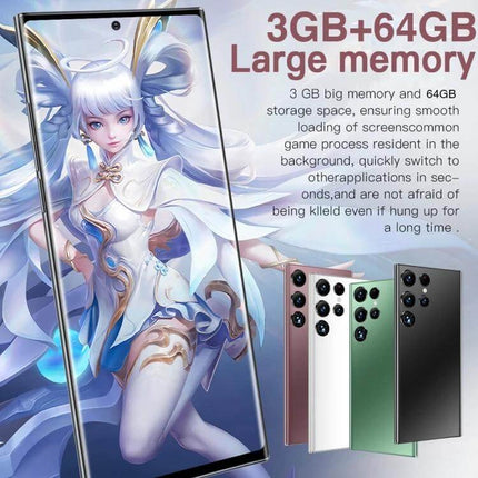 S23Ultra Smartphone with Vibrant Display for Everyday Viewing and Selfies showing colorful screen, 3GB+64GB memory options and multiple color backs