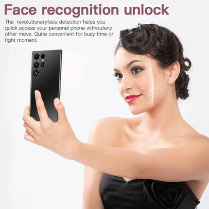 S23Ultra Smartphone with Vibrant Display for Everyday Viewing and Selfies showing woman using face recognition unlock for quick selfies and low-light camera