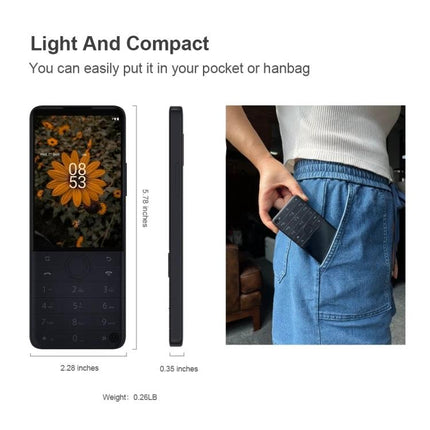 A Compact Android Device for Everyday Communication and Browsing shown pocketable next to dimensions and person sliding device into jeans pocket