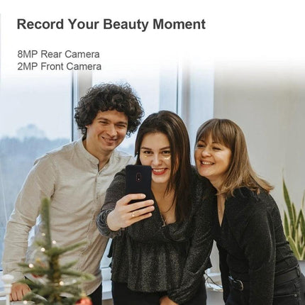 A Compact Android Device for Everyday Communication and Browsing - three friends taking a selfie with the phone showcasing 8MP rear and 2MP front camera