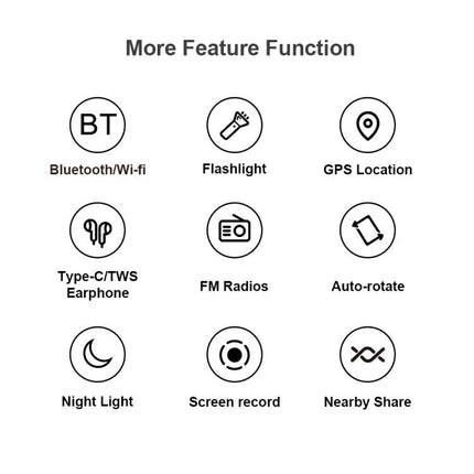 A Compact Android Device for Everyday Communication and Browsing showing icons for Bluetooth/Wi‑Fi, Flashlight, GPS, Earphone, FM Radio, Auto‑rotate, Night Light, Screen Record, Nearby Share