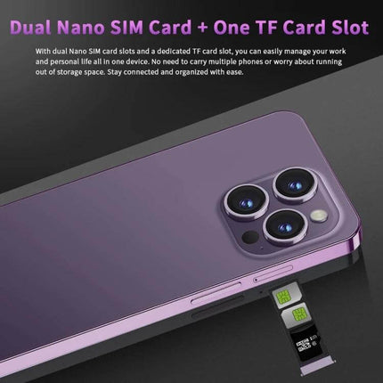 Facial Recognition Smartphone for Secure Daily Use showing purple phone with triple camera and dual nano SIM + TF card slot