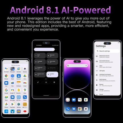 Facial Recognition Smartphone for Secure Daily Use showcasing Android 8.1 AI-powered interface and face unlock on multiple screens