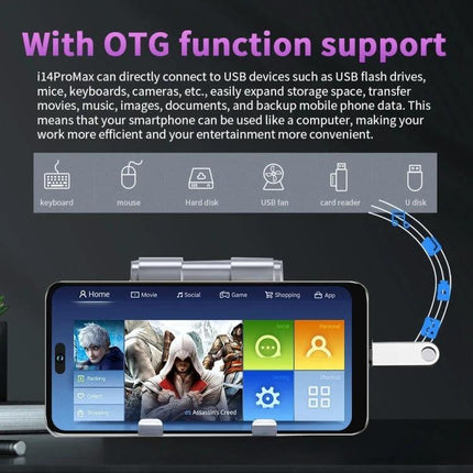 Facial Recognition Smartphone for Secure Daily Use with OTG support showing USB devices connected for keyboard, mouse, storage and accessories