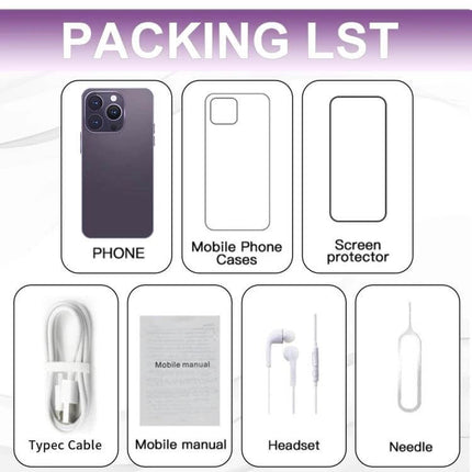 Facial Recognition Smartphone for Secure Daily Use showing phone, case, screen protector, Type-C cable, manual, headset, and SIM needle