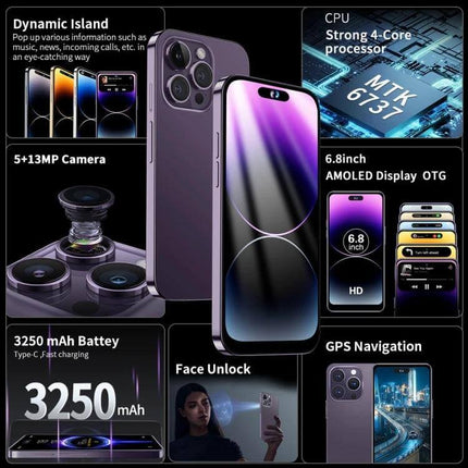Facial Recognition Smartphone for Secure Daily Use - 6.8in AMOLED, Face Unlock, MTK 6737 CPU, 5+13MP camera, 3250mAh battery